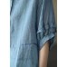 Retro Blue O-Neck Ruffled Button Drawstring Top Half Sleeve