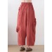 Bohemian Red Elastic Waist Pockets Linen Harem Pants Summer