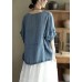 Retro Blue O-Neck Ruffled Button Drawstring Top Half Sleeve