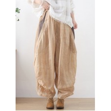 Plus Size Khaki Elastic Waist Wrinkled Patchwork Linen Harem Pants Summer