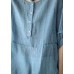 Retro Blue O-Neck Ruffled Button Drawstring Top Half Sleeve