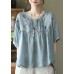 Plus Size Light Blue Grey Button Linen Tops Half Sleeve