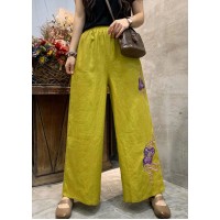 Plus Size Yellow Embroideried Linen Wide Leg Pants Summer